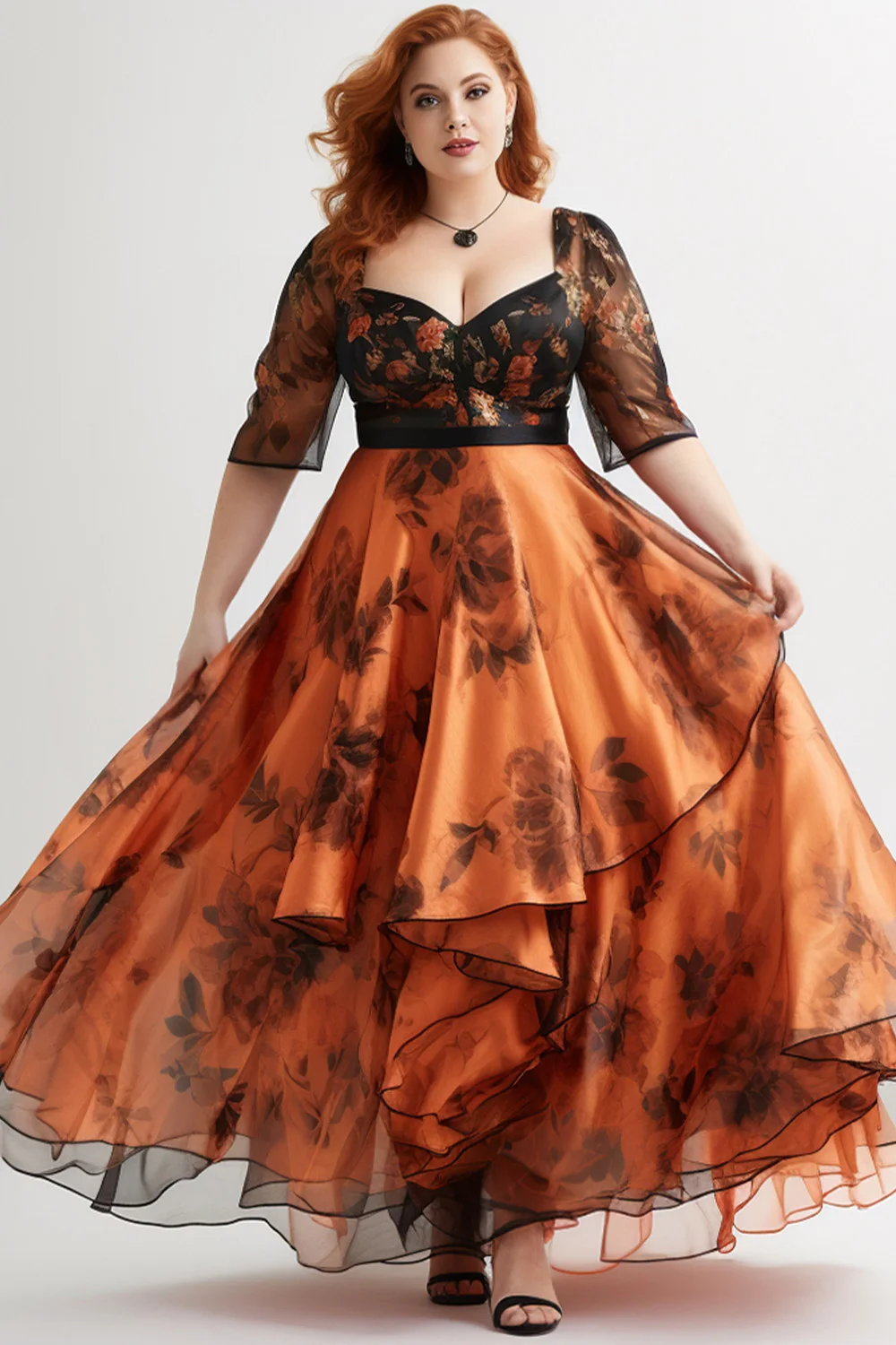 Flycurvy Plus Size Goth Orange Organza Floral Print Irregular Hem Half Sleeve Maxi Dress