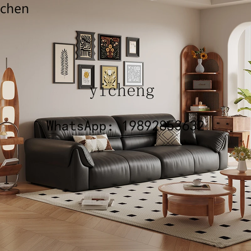 

PYH leather sofa antique living room simple straight row black oil wax leather sofa