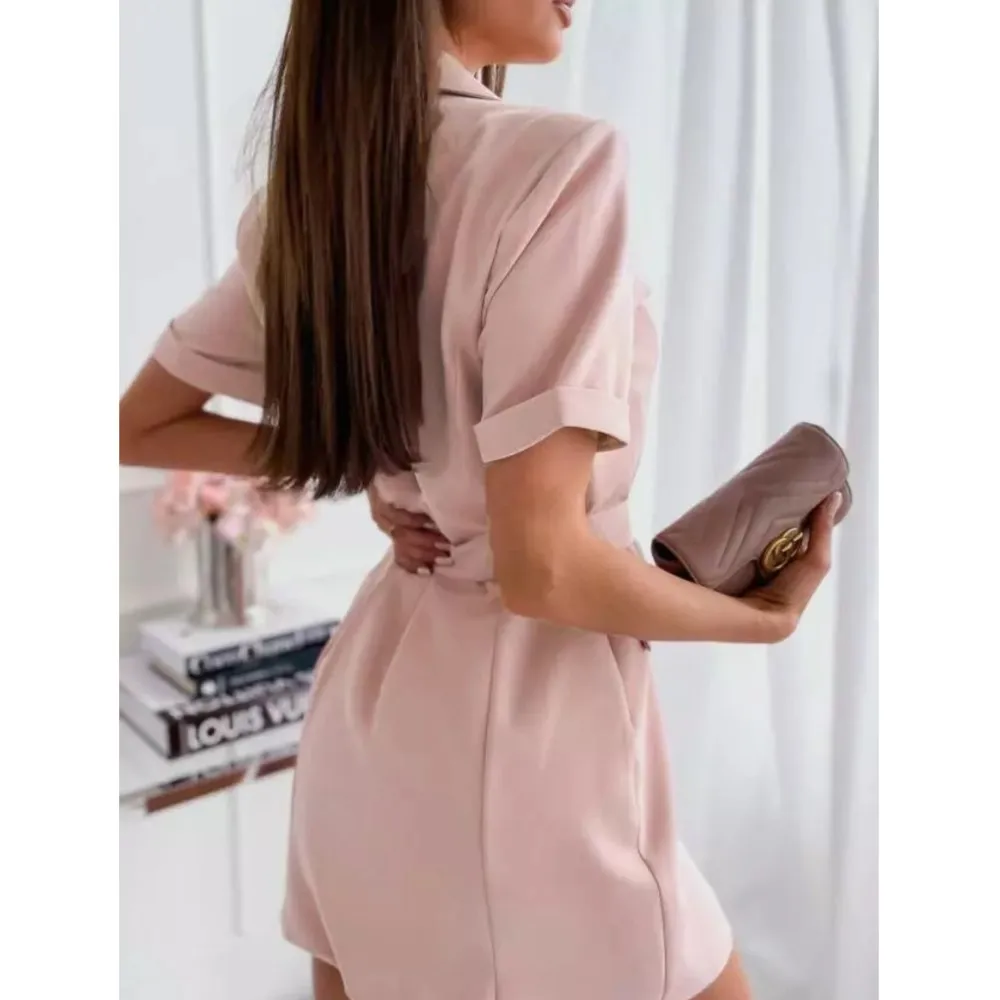 Elegant Office Lady Rose Red Mini Blazer Dress With Belt 2024 New Summer Fashion Double Breasted Short Sleeved Dress For Women
