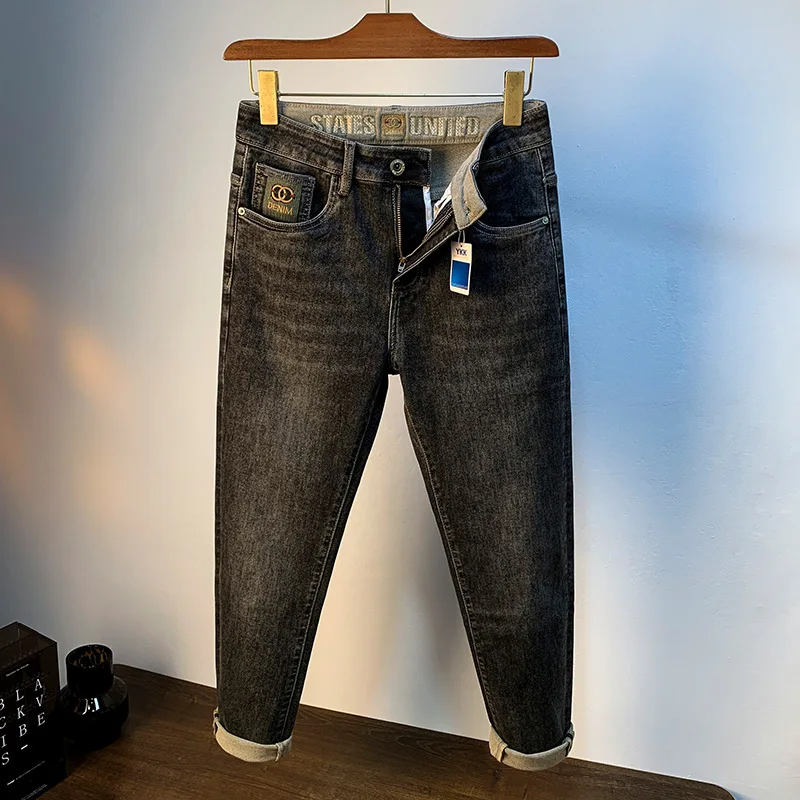 Jeans skinny bordado de alta qualidade masculino, calça elástica grossa, preta e cinza, moda luxo acessível, na moda, outono, 2022