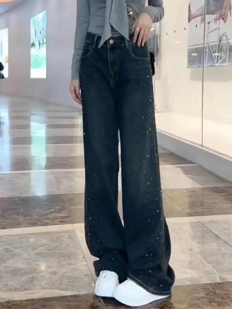 Retro Heavy Industry Diamond Hot Stamping Jeans for Women's Autumn Winter  High Waist Loose Slimming  Wide Leg Floor Pants