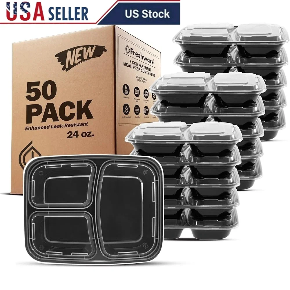 

50 Pack Meal Prep Containers 3 Compartment Bento Box BPA Free Microwave Dishwasher Freezer Safe Food Storage Solutions