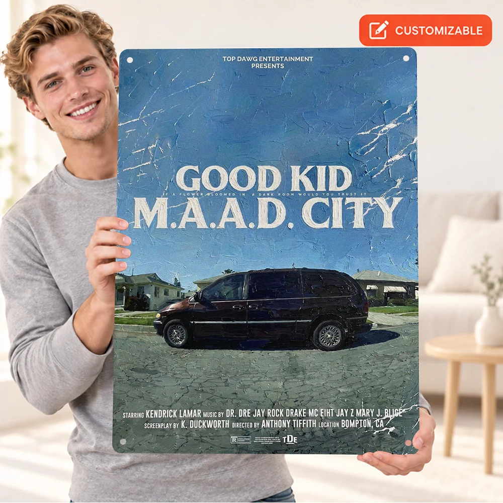 Kendrick Lamar Good Kid MAAD City Printed Poster Customized Aluminum Metal Sign Blue Sky Black Van Wall Art For Listening Room