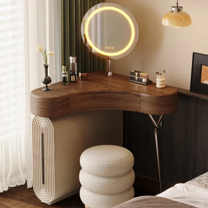 Modern lighted mirror corner, triangular solid wood dresser, storage integrated small apartment bedroom