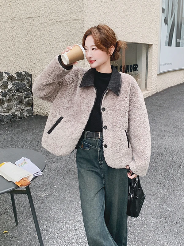 Ladies Thiened Lamb Fur Jaet ort Sle Autumn Winter New Korean Sle Inteated Leather And Fur Warm Casual Loose Fit