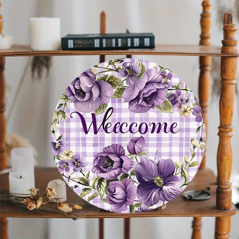 Round Aluminum Metal Door Hanger, Welcome Wreath Sign, Purple Floral Design, Waterproof and Weather Resistant, Pre-drilled