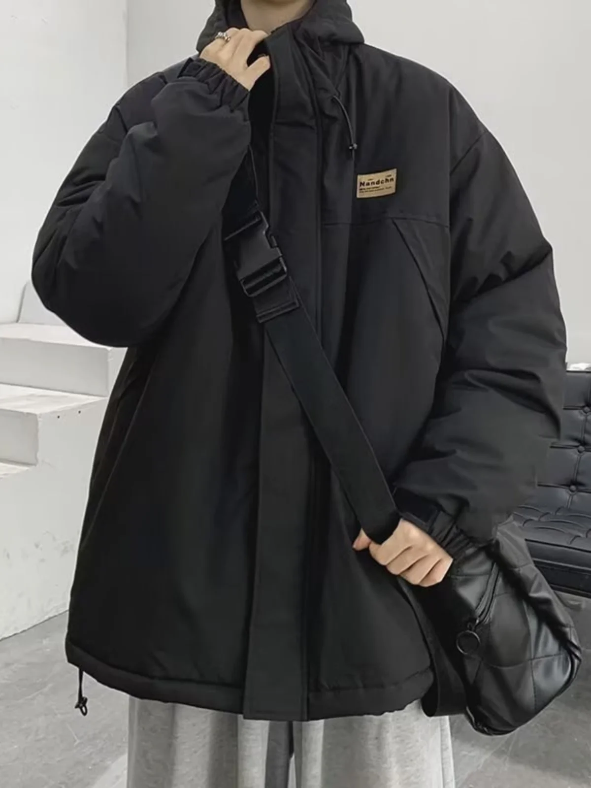 

plus Size Men's Thiened Hooded Jaet Autumn Winter Warm Loose Outerwear Windproof Polyester Fiber Long Sve Zipper Closure