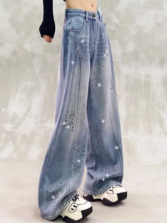 

Retro Heavy Embellied Fce Lined High Waist Wide Leg Jeans Spring New Arrival Casual Sle Patchwork Design Women's Denim