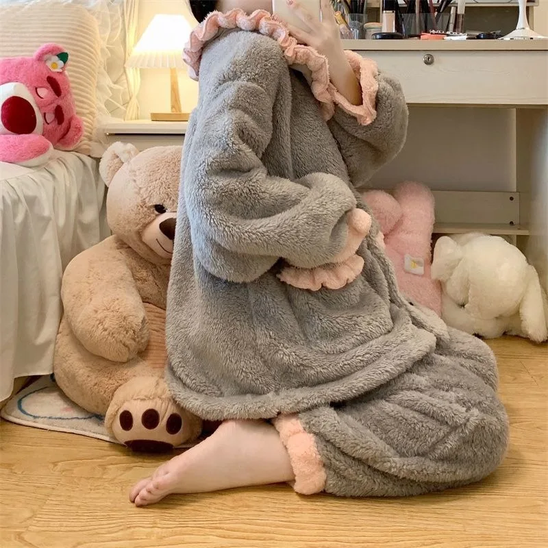 2023 Popular Princess Style Coral Plush Cardigan Pajamas Women's Winter New Homewear Sweet Girl Lazy Home Set Thicken Loungewear