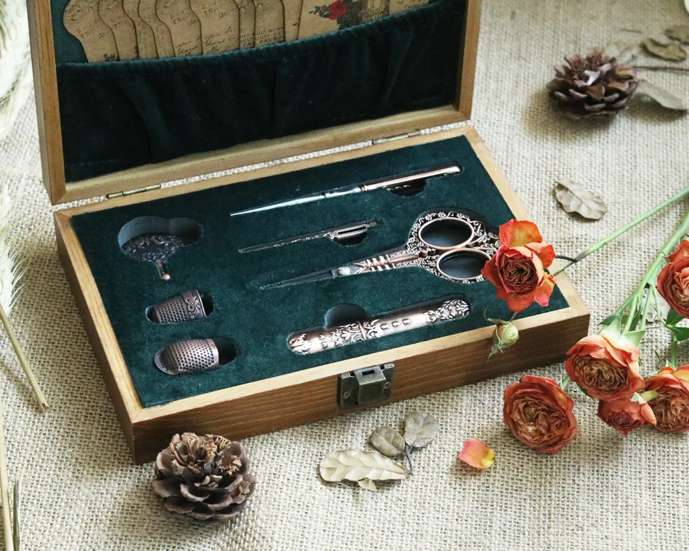 Vintage Wooden Box Embroidery Scissors Kit Diy Craft Supplies Tools Antique Sewing Kit omplete Sewing Tools For Sewing Craft