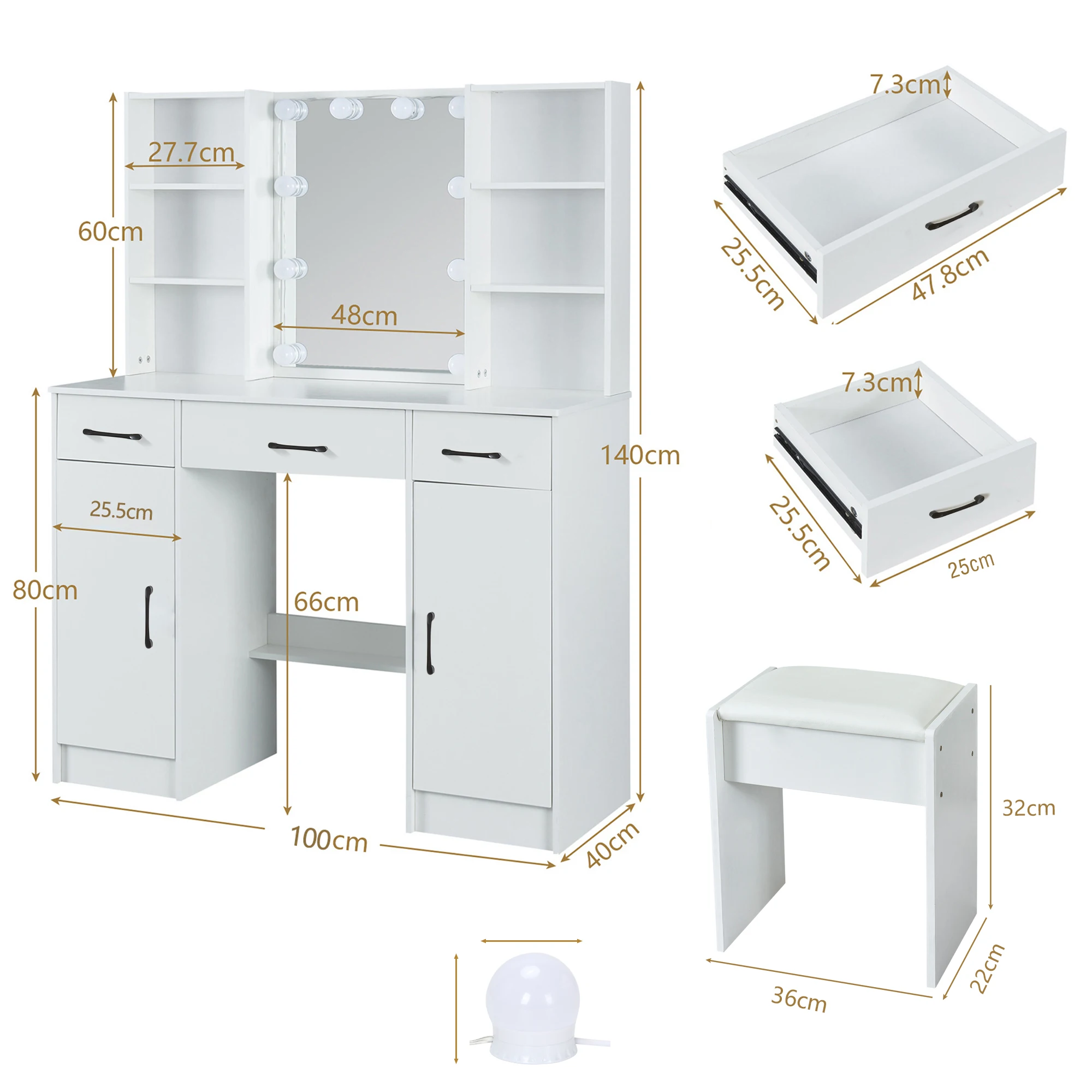 Dressing Table With 3-Colour Adjustable Brightness LED Lighted Mirror 3 Drawers Vanity Stool Makeup Desk Bedroom Furniture