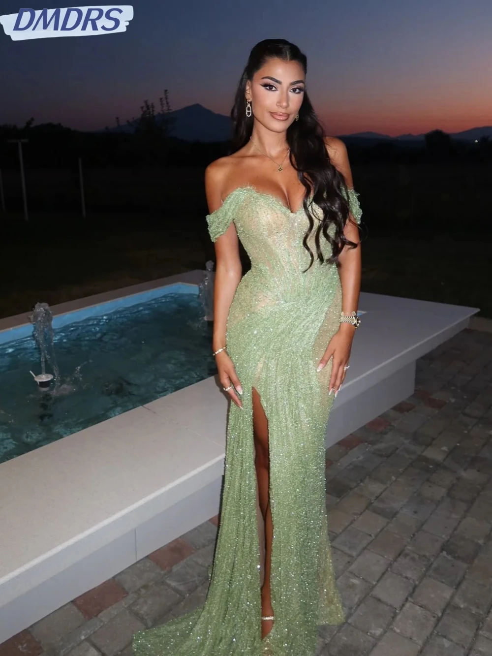 

Light Green Sequined Sheath Long Evening Dress Off the Shoulder Prom Gown For Women Sexy High Slit Cocktail Dresses Customized