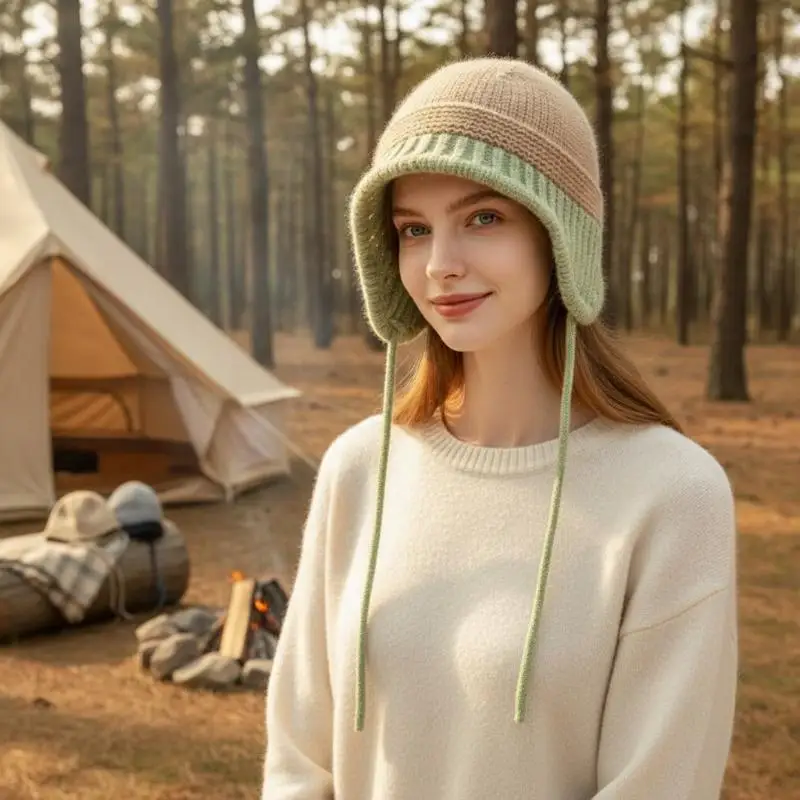 Y2K Herbst-Winter Warme Wollmütze für Damen, Modische Vintage Farbblock-Strickmütze mit Ohrenschutz, Vielseitige Faltbare Kappe – Detail 1