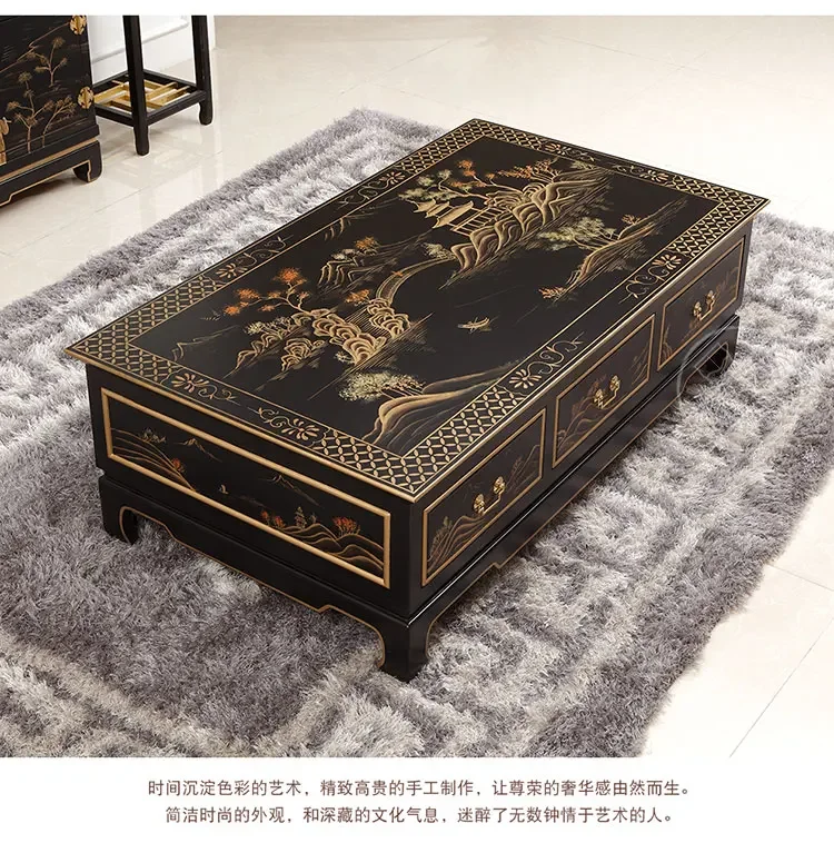 A New Chinese style black painted landscape map square tea table living room rectangular storage coffee table