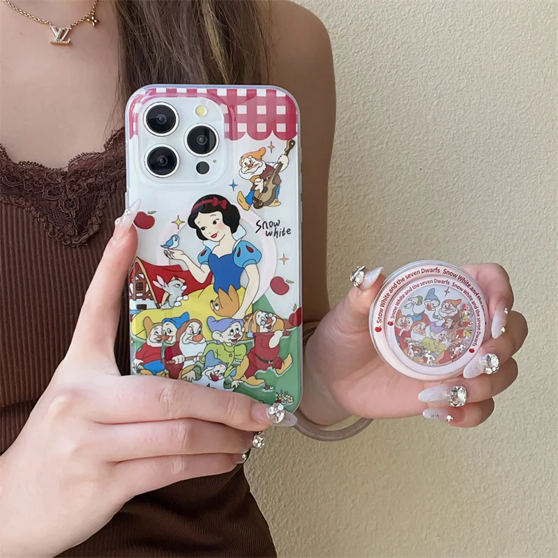 귀여운 백설공주 세븐 드워프 맥세이프 무선 충전 휴대폰 케이스, 아이폰 13, 14, 15, 16 프로 맥스, 만화 쉐이크 마그네틱 스탠드