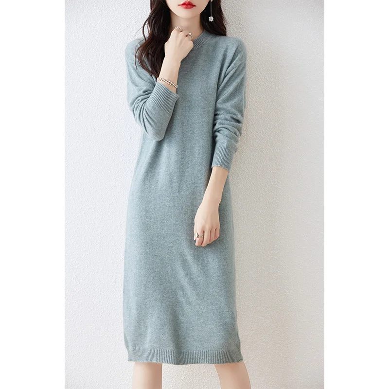 

Standard Wool Dresses For Women Hot Sale 2023 Winter New Fashion Length-keen Cashmere Dresses Female O-neck Clothing DR01