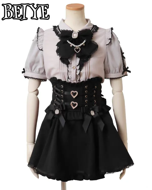 

Японская блузка Liz для женщин и девочек, милая шифоновая рубашка в стиле Лолиты, рубашки с короткими рукавами и милым бантом и ромбовидной пряжкой, топ