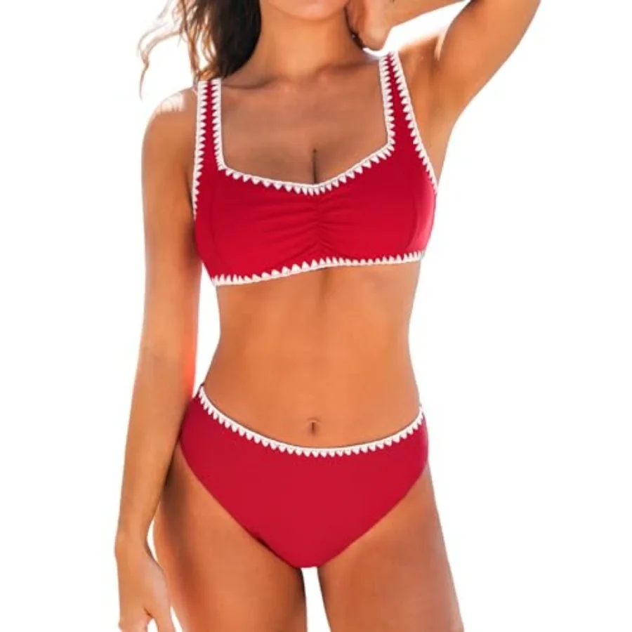 CUPSHE Women's Bikini Sets Sweetheart Neck Adjustable Wide Straps Swimsuit Stitching Bathing Suit Mid Rise
