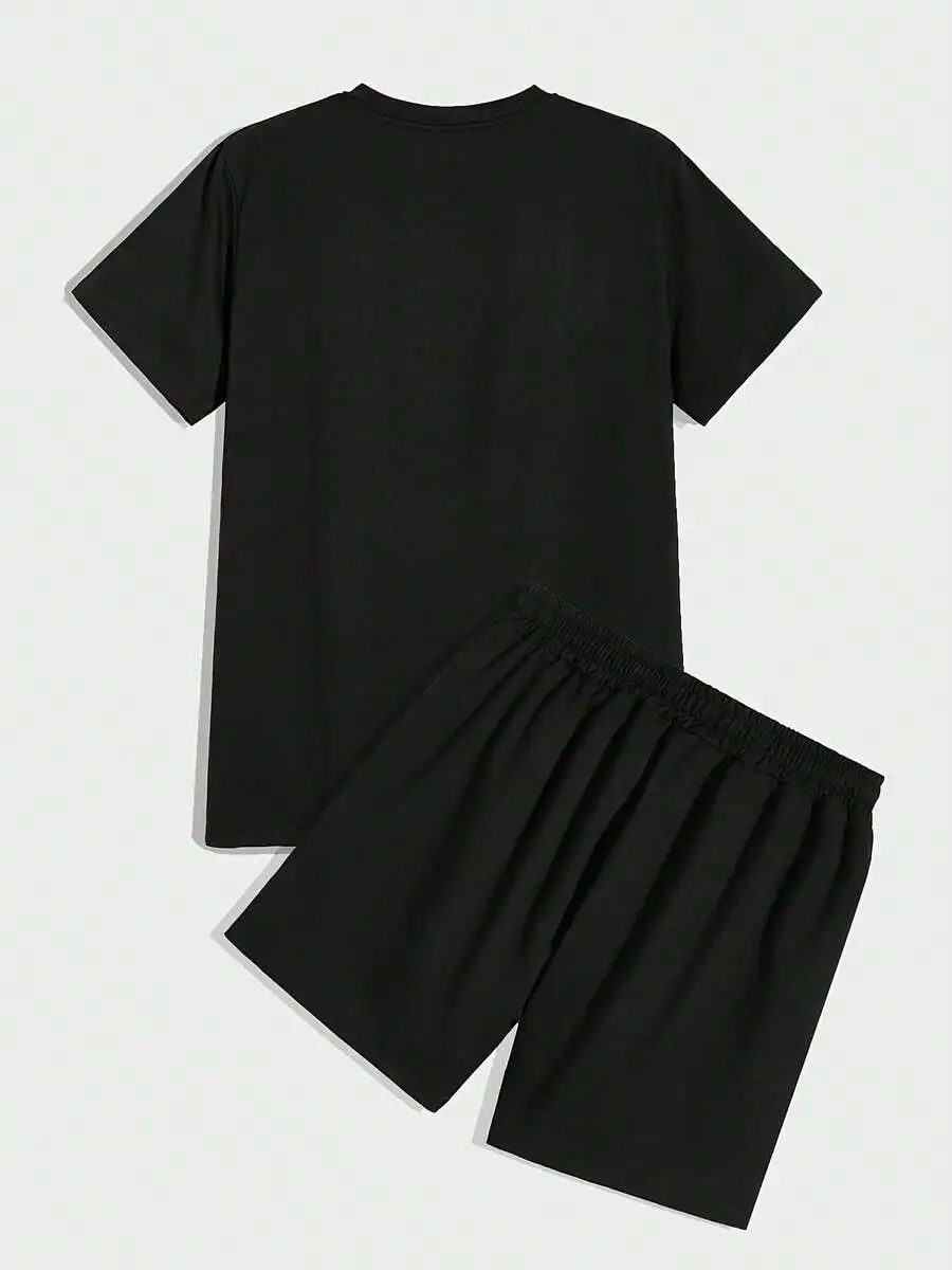 Mens Casual Short Sleeve T-Shirt And Elastic Waist Shorts 2pcs Set For Summer