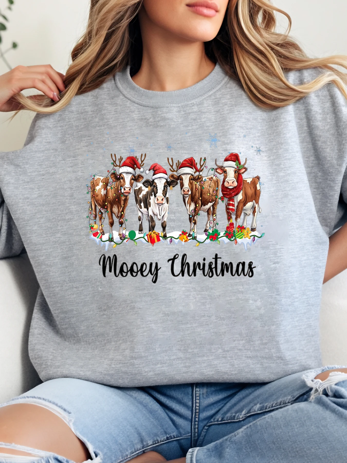 

Рождественский праздничный свитшот с коровьим лоскутным принтом, женская повседневная одежда, серый, больших размеров