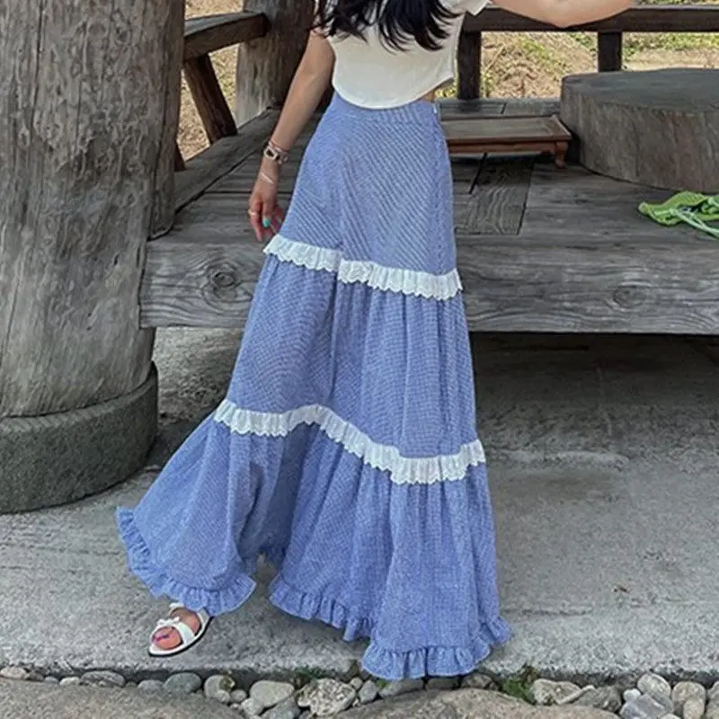 

Юбка с высокой талией, эластичная, в клетку, с оборками, в корейском стиле, для офиса, в горошек, облегающая, весенняя новинка, винтажная, комбинированная