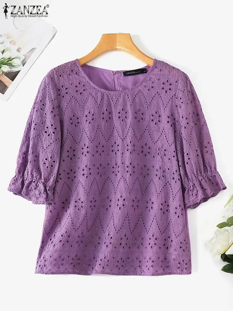 ZANZEA Summer Lace Crochet Blouse Women Patchwork Tops Loose Solid Work Party Blusas Femme Elegant O Neck Short Sleeve Shirt