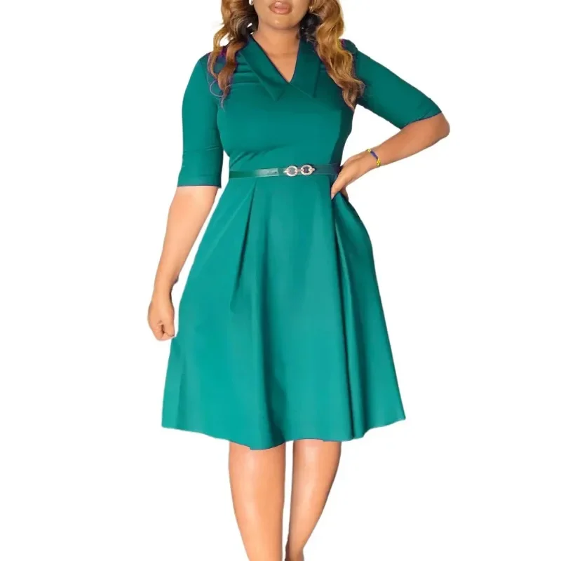 فساتين مكتب أفريقية أنيقة للنساء على شكل حرف v وحزام نصف كم وخصر متوسط الساق ملابس عمل رسمية ملابس ميدي