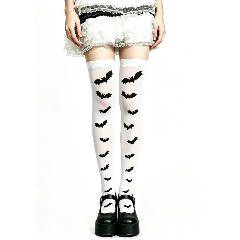 1 Pair of New Halloween Horror Over-the-Knee Long Stockings - Bat Lace-Up Thigh High Socks with Blood Splatter Print