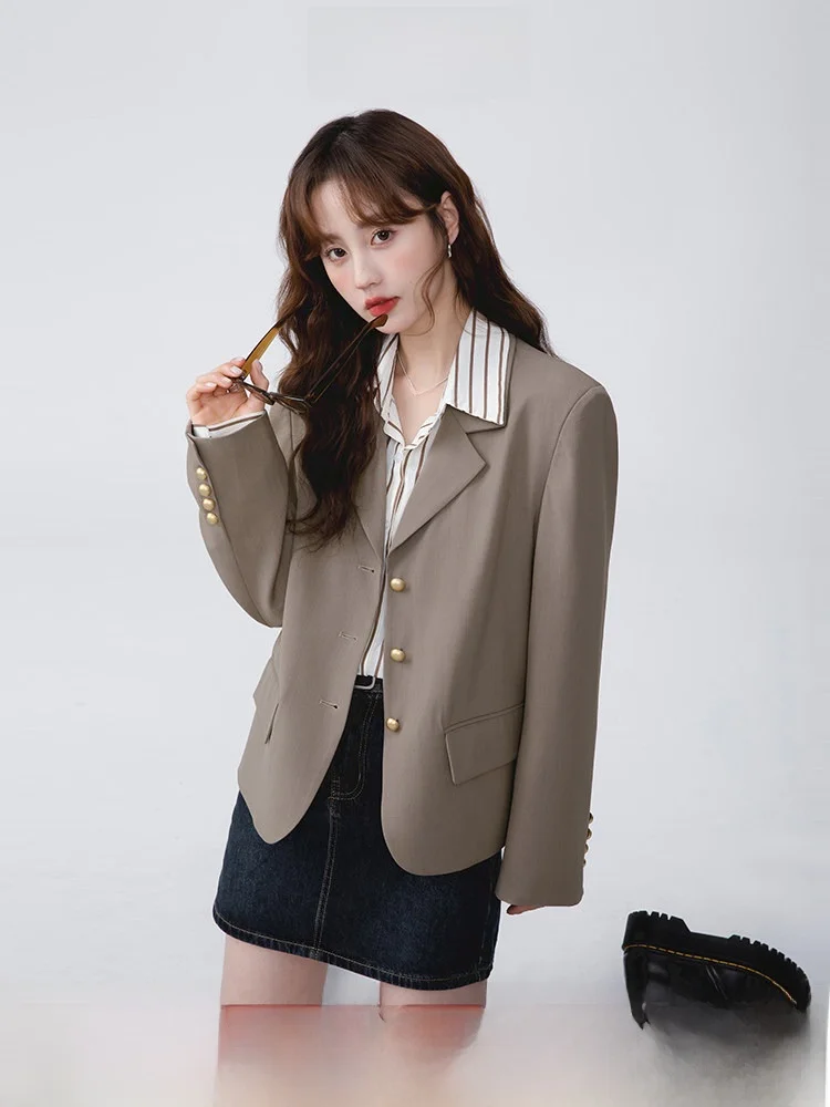 

Свободный женский пиджак в британском стиле, весна 2023, для офиса, с металлическими пуговицами, длинный рукав, формальная одежда, полиэстер