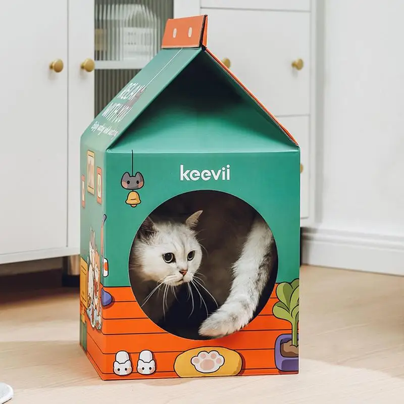 Cardboard Cat House Milk Box Shape Cat Scratching Cave With Scratch Pad Classic Detachable Scratching Board Interactive Box Toy