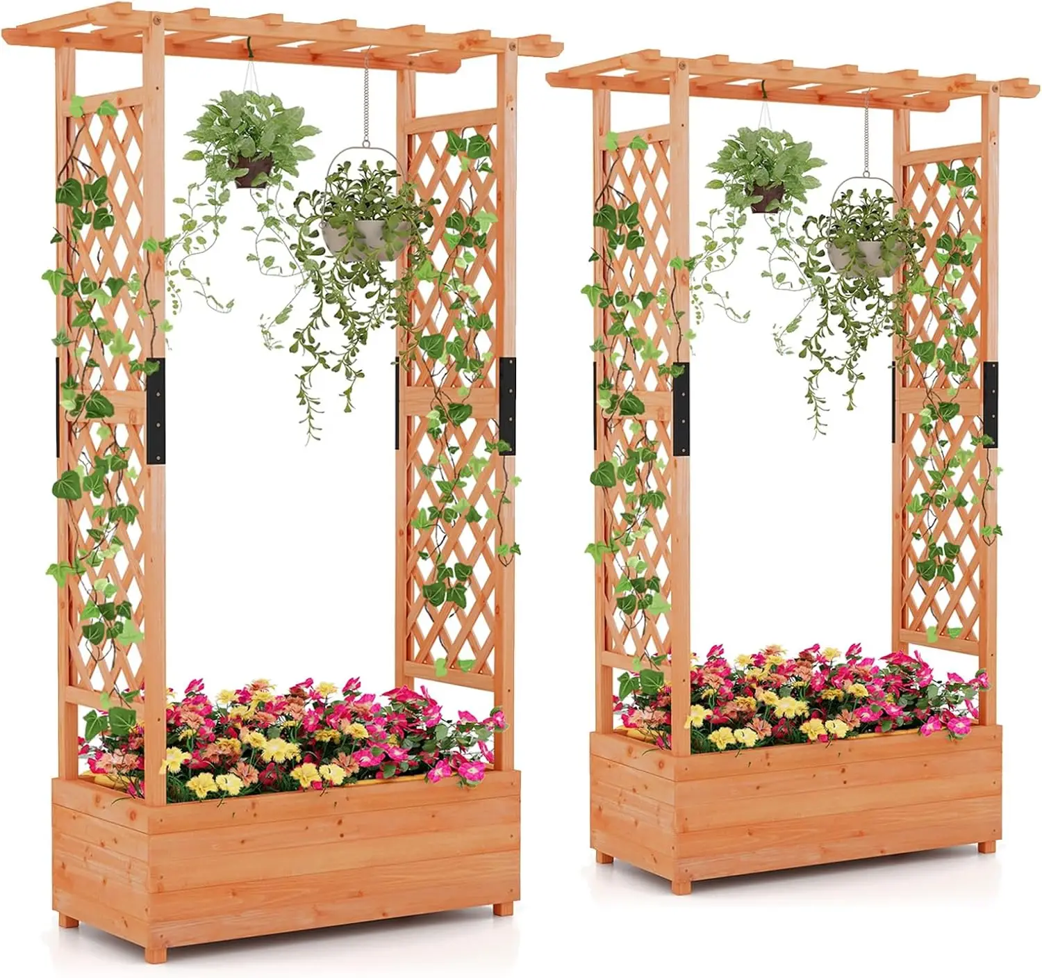 

2 Pcs Raised Garden Bed with Trellis & Hanging Roof, Wood Planter Box with Bottom & Drainage Holes, Freestanding Garden Planter