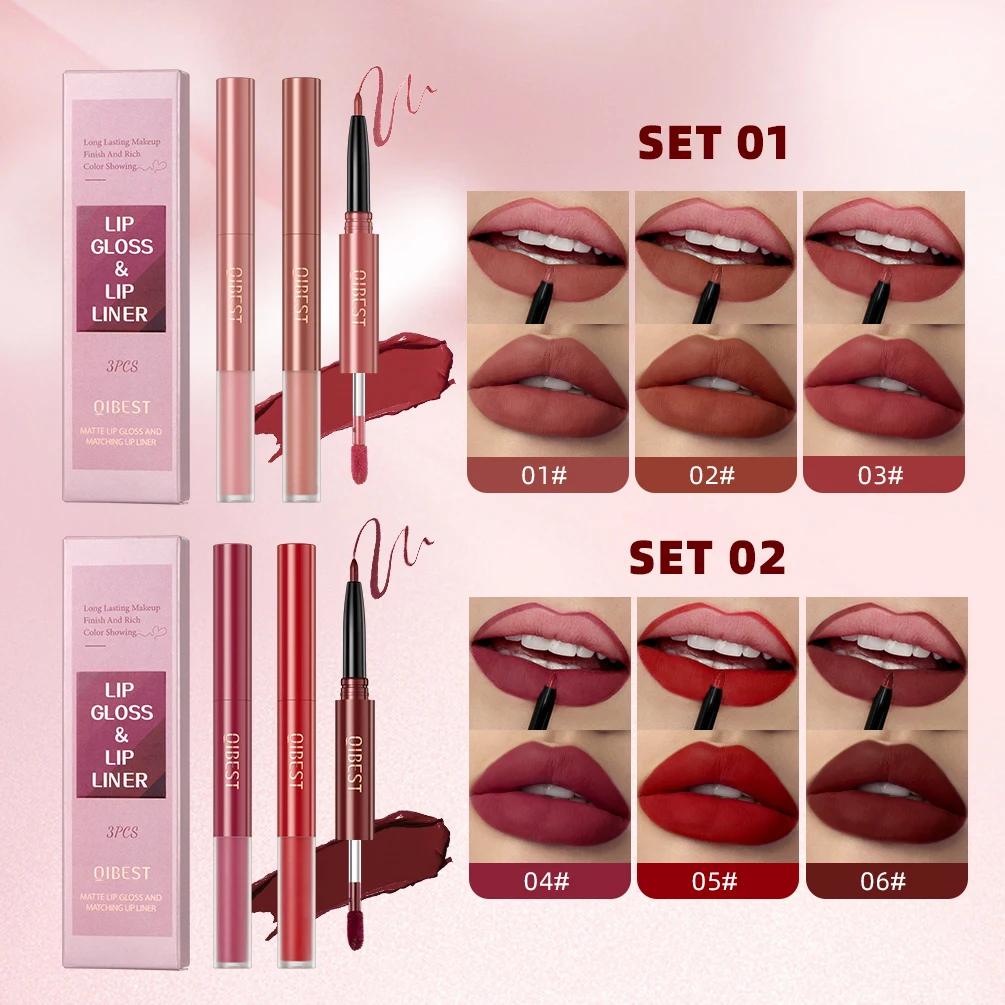 

3 Colors Double-end Lipgloss Lipliner 2 In1 Lip Makeup Sets Waterproof Long-lasting Matte Nude Red Lip Pencil Lipliner Lipstick