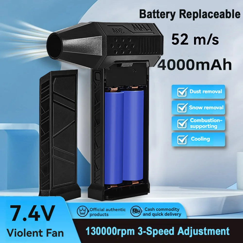 7.4V 130000RPM Brushless Jet Fan Super Strong Blower Turbo Fan Powerful Air Blower 230W 3 Speed 52M/s 4000mA Replaceable Battery