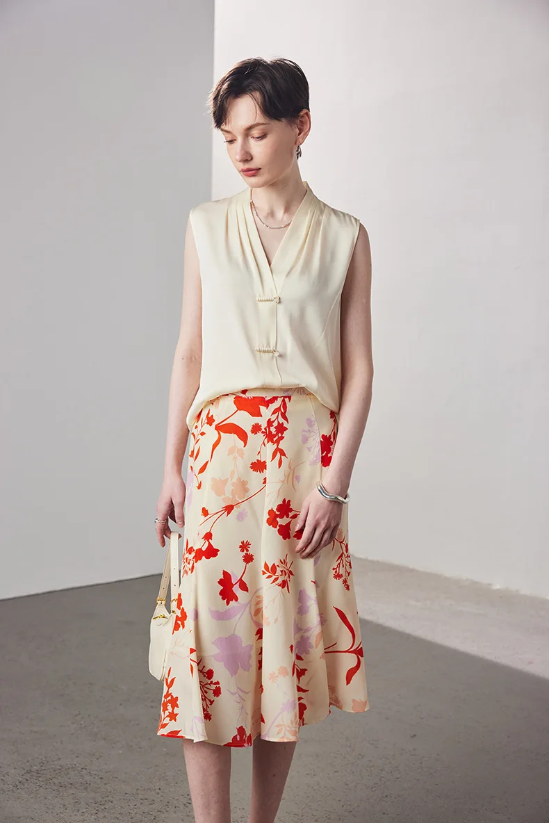 BirdTree-レディース 14 ミリメートル 100% リアルシルクエレガントなスカート、ナチュラルウエスト花柄、レトロパーティートランペットスカート、2025 夏新 B56663CC