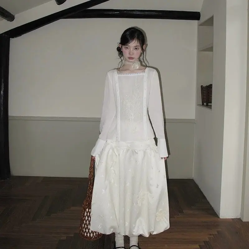 Spring Autumn 2026 Embossed Apricot Bud Skirt Apqulies Flower Ruffles Elegant Fashion Medi Long Skirt A Line Bloom Sweet