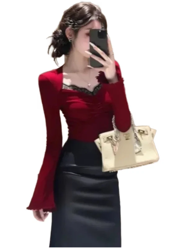 대형 사이즈 레이스 스플라이스 롱 슬리브 티셔츠 여성용 패셔너블 유니크 디자인 출퇴근용 겨울 상의 한국 버전 ...