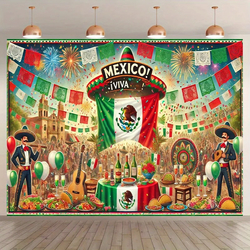 Cinco de Mayo Fiesta Tapestry, Viva Mexico Theme Wall Art for Party Decor and Celebration Backdrop