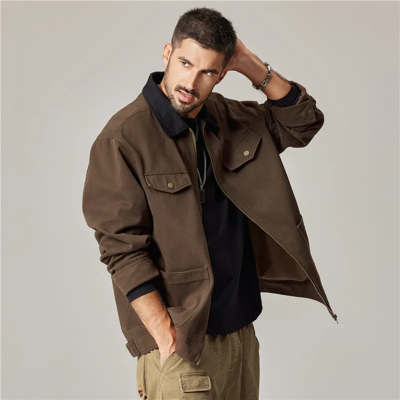 Detroit Jacket Men\'s Spring Autumn American Retro Fashion Loose Causal Wash Cotton Cargo Jacket Plus Size Coat Outerwear