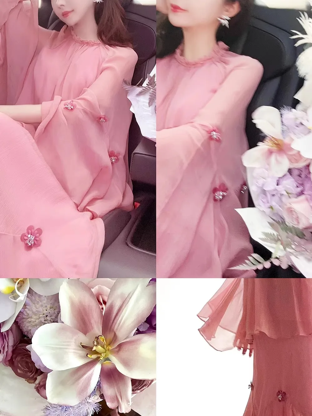 

Elegant A-Line Dress Mousse Pink Silk Set Dress Small Audience Long Sleeve round Neck Overhead Fashion Set Women's Clothing