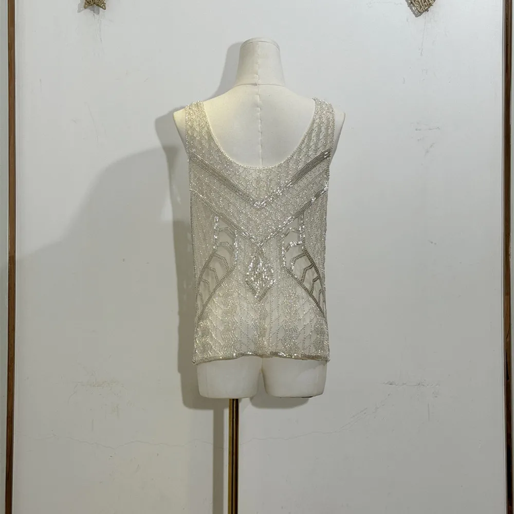 Holiday Embroidery Seed Beaded Sleeveless Vest Women Fashion Bead Handmade Mesh Sexy Tank Top Camis Summer 2024