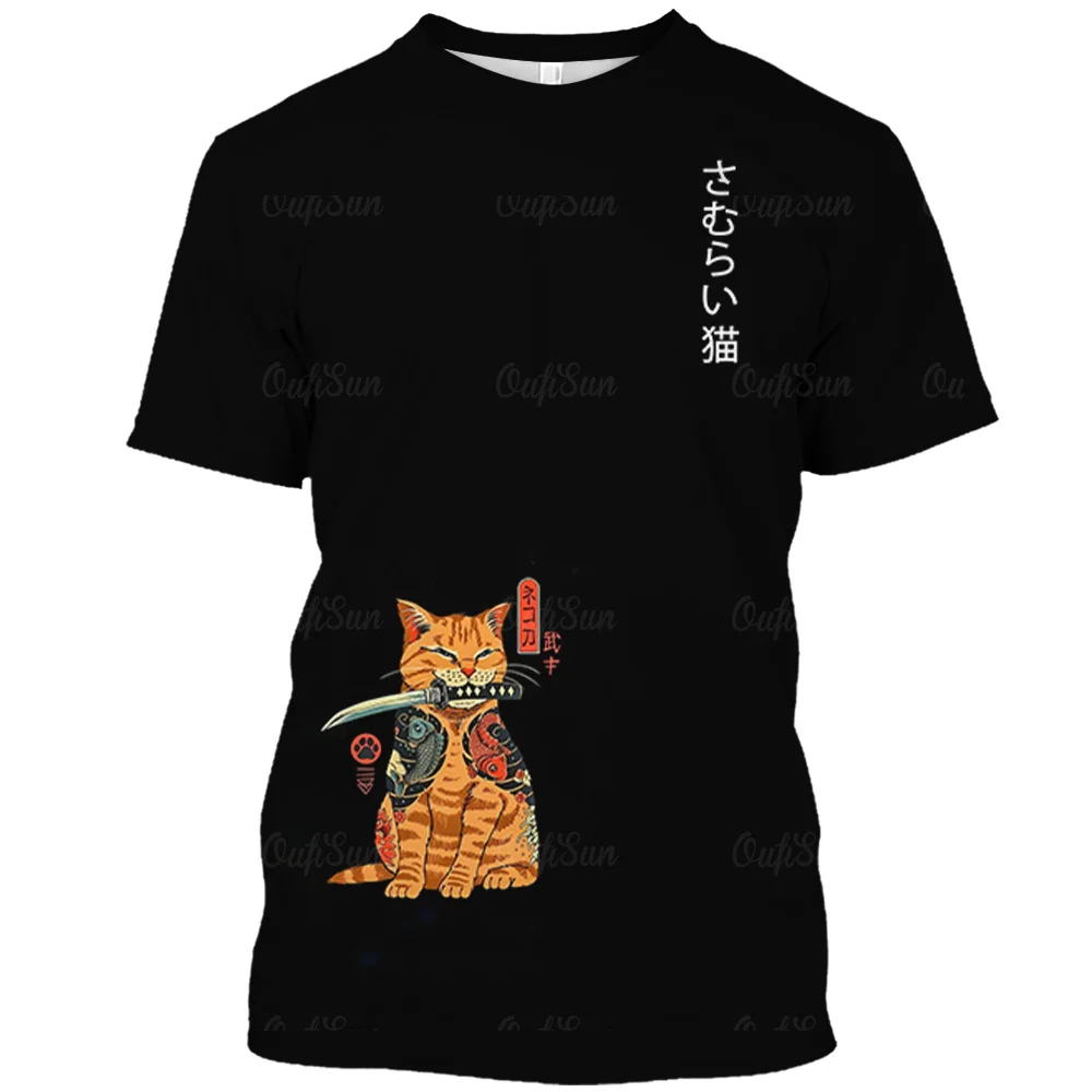 Anime Cat Men's T-Shirt 3d Printed Short-Sleeved Tops Oversized Black Streetwear Japanese Tees Casual Men's Clothing