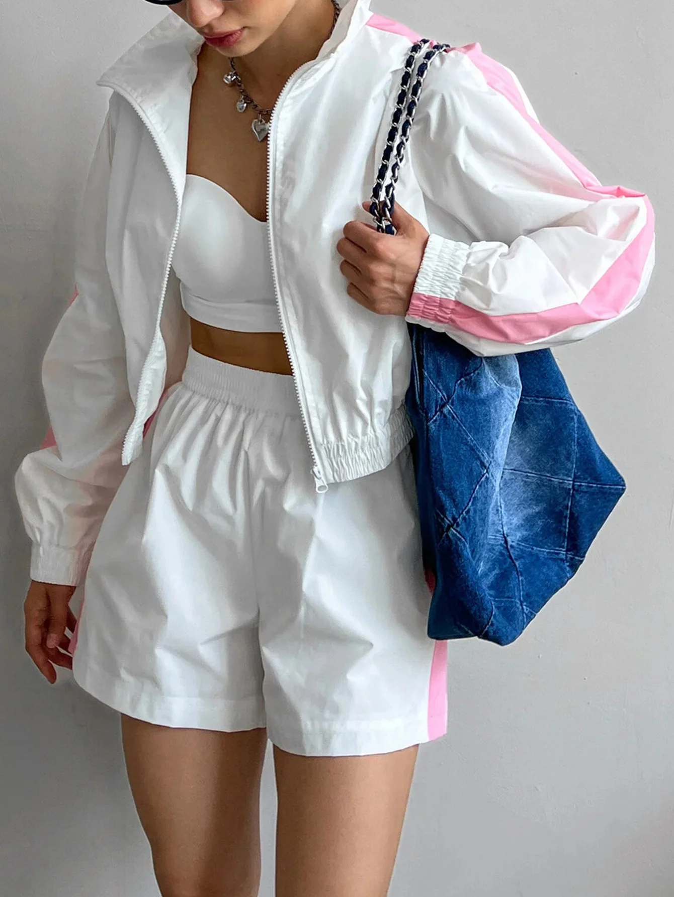 Dames elegant chic sweatshirt met lange mouwen en rits en A-lijn elastische taille shorts set herfstmode basisoutfit