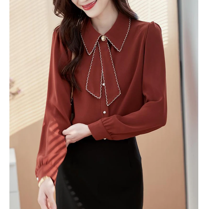 Women Clothing 2024 Spring Autumn Korean Fashion Bow Tie Shirts Vintage Elegant Office Lady Blouse Casual Long Sleeve Loose Tops