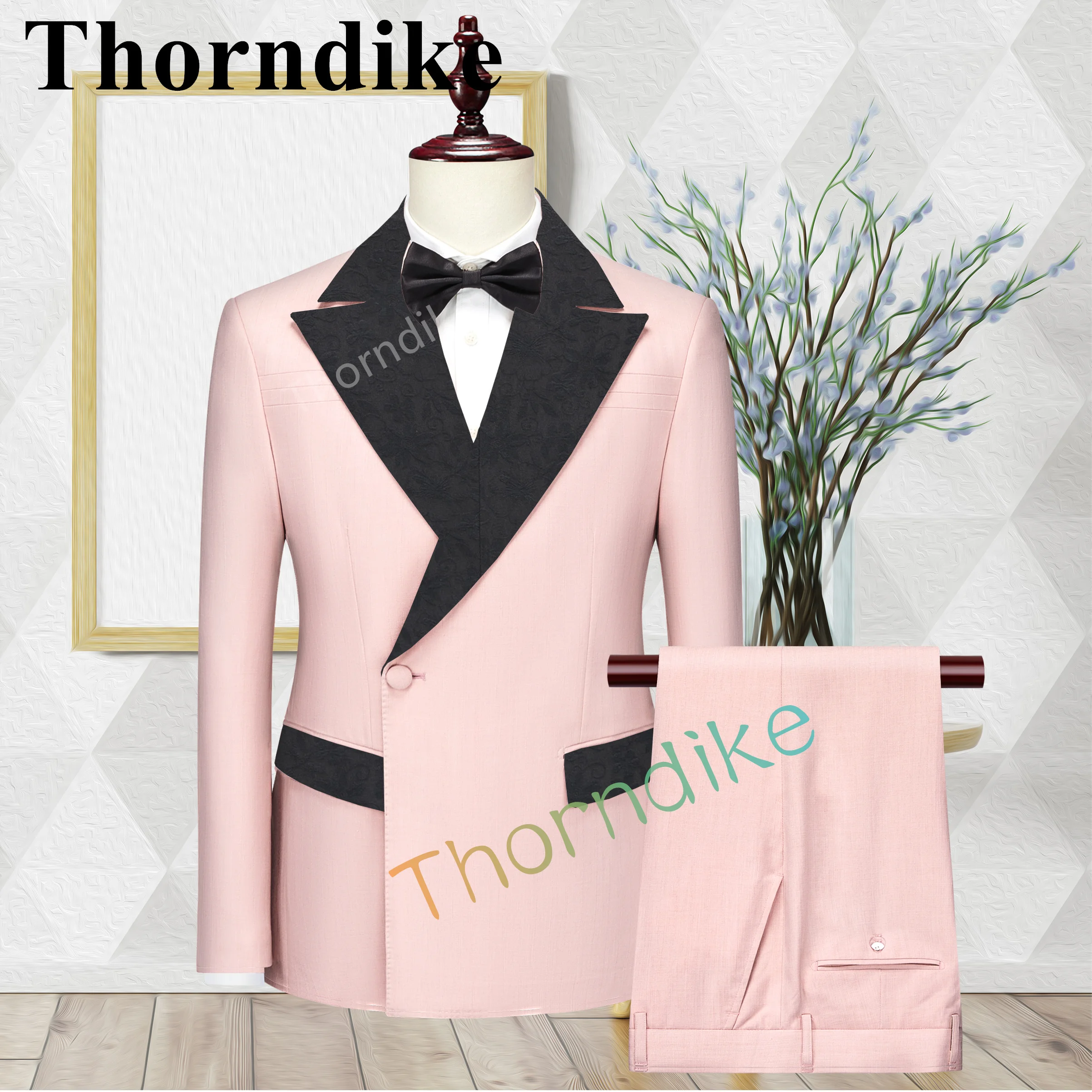 

Thorndike High-End Custom Groom Tuxedo Point Lapel Jacquard Collar Pink Groomsman Suit Wedding Prom Best Men's Blazer With Pants