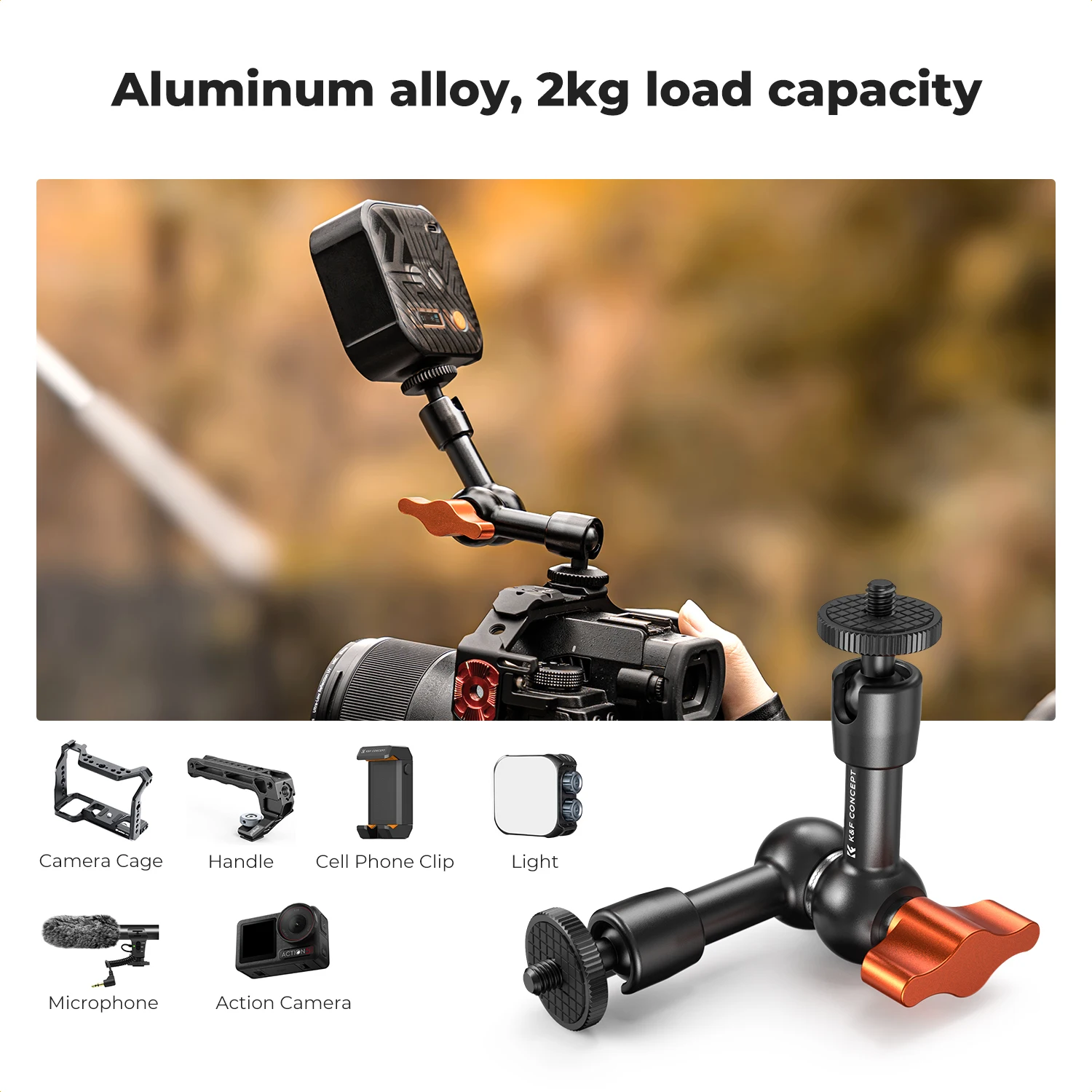 K&F Concept Magic Arm Super Clamp Kit with 1/4" & 3/8" Thread Screw Articulating Friction Arm Cold Shoe Clamp Mount for Monitor - Image 4