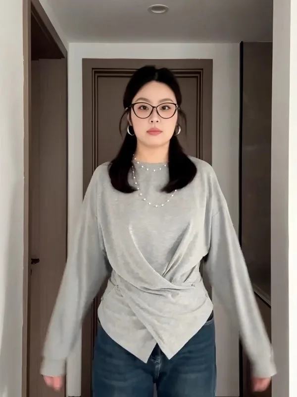 

plus Size Asymmetric Long Sve T-irt Women's Casual Sle Slimming Design Autumn Winter Faionable Top for plus Size Women