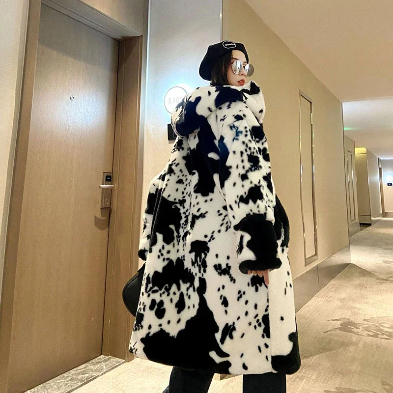 Winter New Faux Fur Women Thickened Cow Pattern Outerwear Winter Hooded Fur Coat Lengthened Oversize Overcoat Parka Jacket