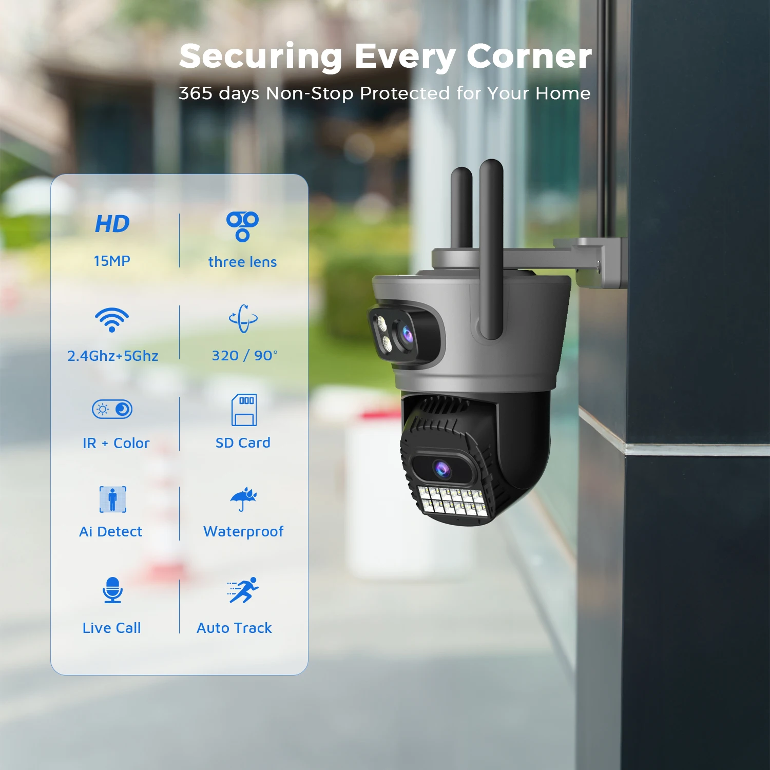 15MP 8K IP Camera Wifi PTZ Outdoor Surveillance Camera Three Lens Three Screen Human Detection CCTV Auto Tracking Security CAM