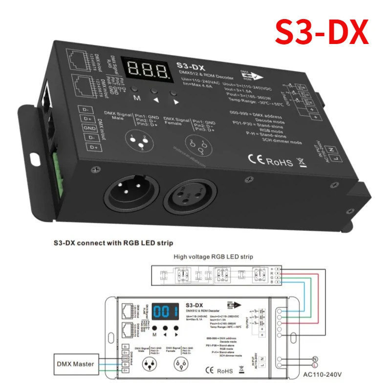 

AC110V-220V Высоковольтная 3-канальная светодиодная лента DMX512 Декодер S3-DX с RF 3-канальным контроллером RDM XLR3 и RJ45 для светодиодных фонарей RGB