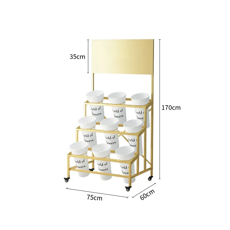 

Florist Flower Plastic Bucket Rack Indoor and Outdoor Wheel Movable with Billboard Wrought Iron Light Luxury Display Rack